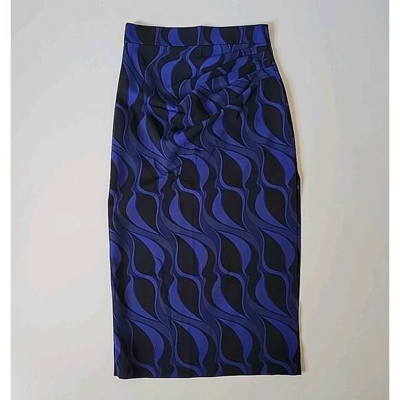 Zara Geometric Print Ruched Satin Midi Pencil Skirt Thigh High Side Slit Retro - Picture 2 of 12